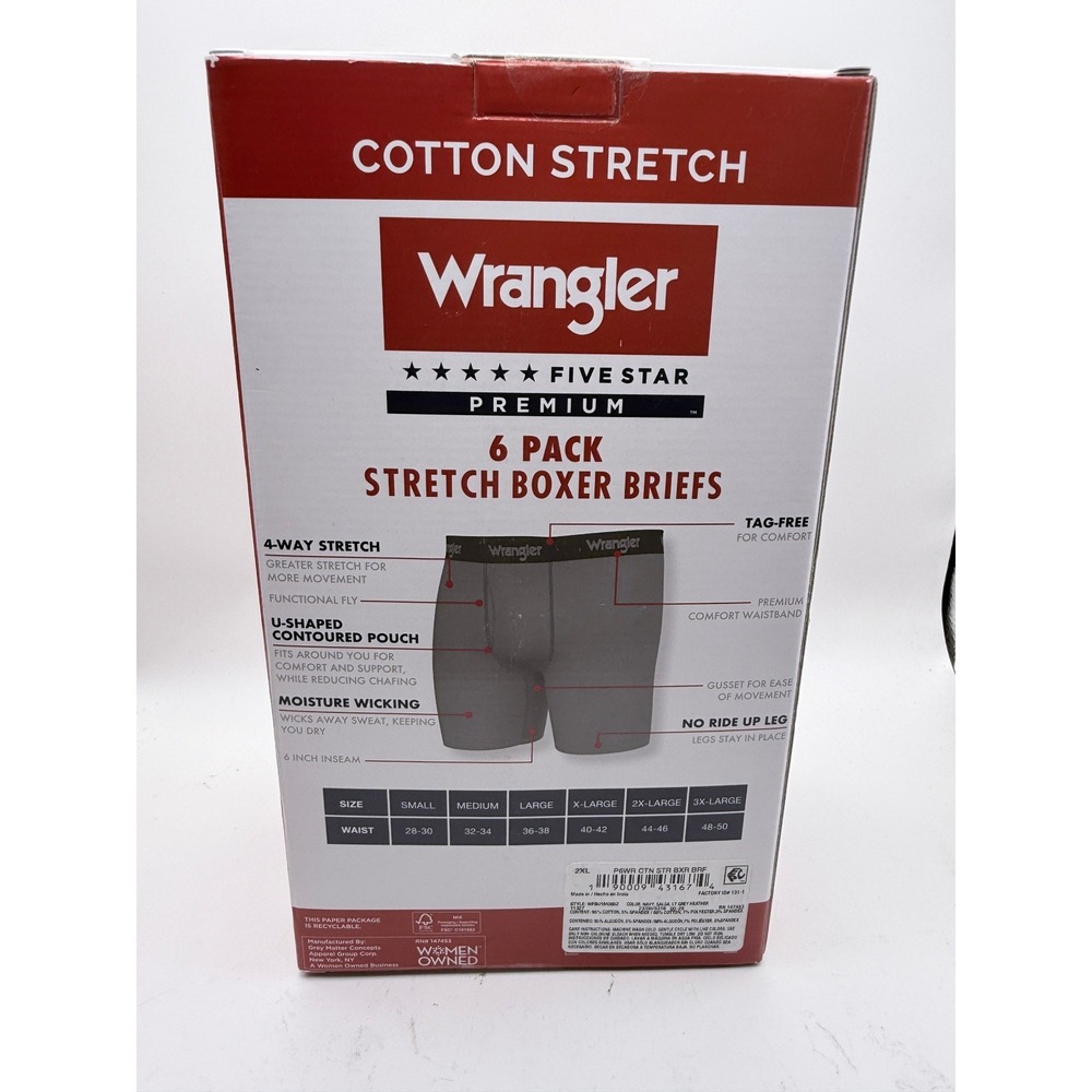 Wrangler Boxer Briefs Mens 2XL 6 Pack Five Star Premium Cotton Stretch Navy Grey - Picture 2 of 5